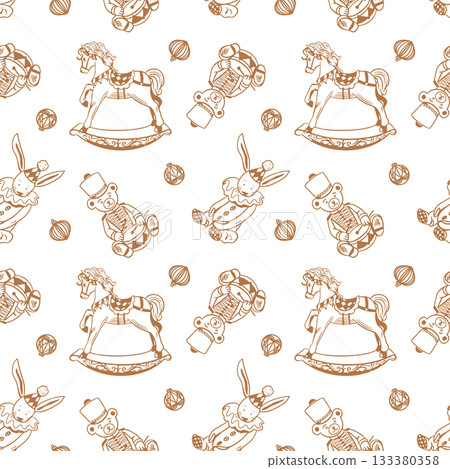 Christmas toys seamless pattern. Rocking horse, bunny, teddy bear soldier. Hand drawn line art pastel vector illustration for New Years cards. Suitable for textiles, wrapping paper and wallpaper. 133380358