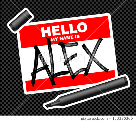 Name tag sticker with handwritten Alex and marker on transparent background. 133380360