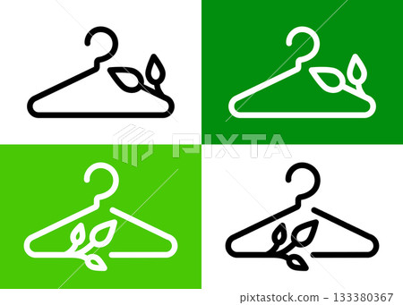 Recycling clothes icons showing sustainable fashion symbols with hanger, reused textile, eco friendly fabric signs. Illustration represents the concept of clothing care, repair, recycling materials 133380367