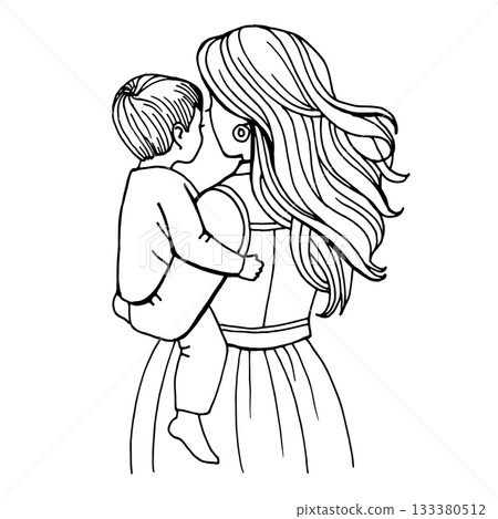 A delicate line art illustration of a mother carrying her young child. The flowing hair and gentle pose highlight warmth, care, and emotional connection, making it ideal for Mother's Day designs and 133380512