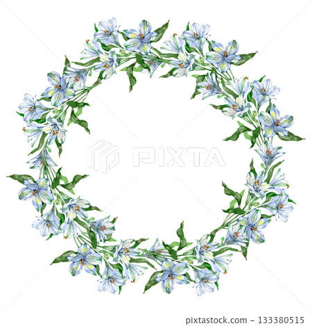 Elegant watercolor wreath made of delicate white and light-blue alstroemeria flowers arranged in a soft circular frame. Lush green leaves add freshness, making the design perfect for wedding Elegant watercolor wreath made of delicate white and light-blue alstroemeria flowers arranged in a soft circular frame. Lush green leaves add freshness, making the design perfect for wedding 133380515