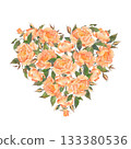Heart-shaped arrangement of lush orange roses, buds and leaves. Hand-drawn watercolor illustration isolated on white background. Ideal for design postcards, invitations, polygraph, textile, tableware 133380536