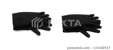 Winter Black Gloves Isolated, Touchscreen Wool Glove, Touch Screen Knitted Mittens 133380557