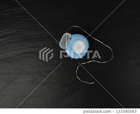 Dental floss plastic container top view. Tooth care string, oral healthcare floss packaging Dental floss plastic container top view. Tooth care string, oral healthcare floss packaging 133380563