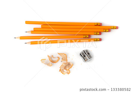 Sharpening pencils isolated. Yellow wooden graphite pencils with erasers, pencil shavings Sharpening pencils isolated. Yellow wooden graphite pencils with erasers, pencil shavings 133380582
