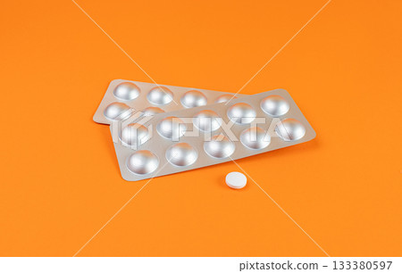 Pill Blister on Color Background, Silver Medicine Capsule Package, Drugs Packaging, Pill Pack Pill Blister on Color Background, Silver Medicine Capsule Package, Drugs Packaging, Pill Pack 133380597