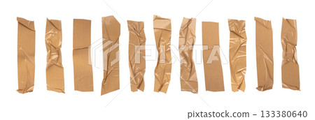 Brown scotch tape set, adhesive tape pieces isolated 133380640