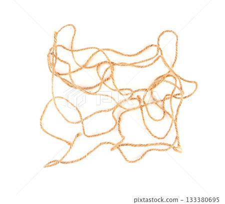Twine rope piece isolated, jute loop fragment, beige packaging cord knots, old natural line cable Twine rope piece isolated, jute loop fragment, beige packaging cord knots, old natural line cable 133380695