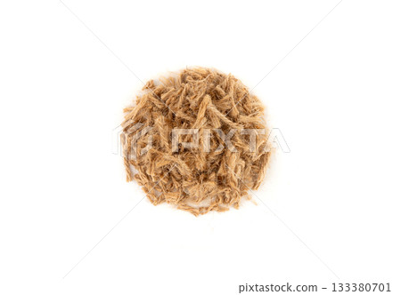 String piece isolated, jute rope fragment, part of packaging cord knots, eco-friendly natural rope 133380701