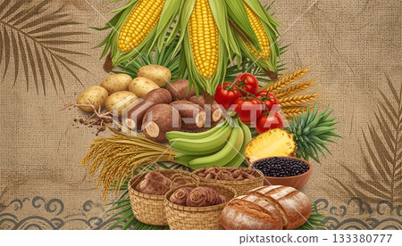 Colorful arrangement of fresh produce and grains showcasing local harvest in a rustic setting 133380777
