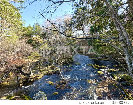 A journey along a quiet river, the path to a white waterfall 133380832