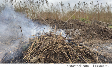 草燃燒產生的火焰和濃煙 133380959