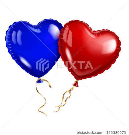 Two heart-shaped balloons, blue and red, with ribbons. Two heart-shaped balloons, blue and red, with ribbons. 133380973