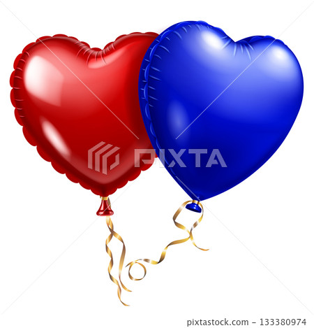 Two heart-shaped balloons, red and blue, with gold ribbons, on a white background. Two heart-shaped balloons, red and blue, with gold ribbons, on a white background. 133380974