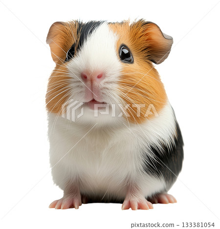 Cute Guinea Pig With Distinctive Fur Pattern Sitting and Looking Curiously at the Camera 133381054