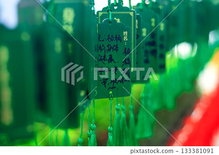 Wooden plaques with Chinese characters and dragon images, decorated with bright green tassels 133381091