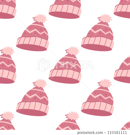 A cute winter seamless pattern with pink warm knitted hats with pom pom. 133381111