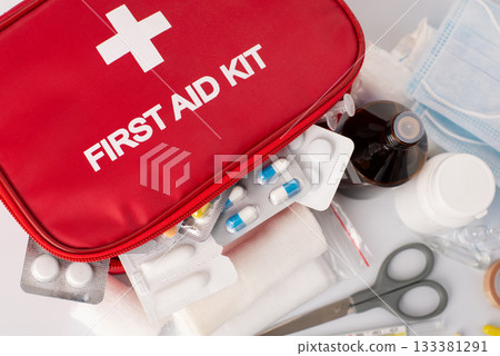 First-Aid kit with all essential elements is an important part of safety in emergancy situations First-Aid kit with all essential elements is an important part of safety in emergancy situations 133381291