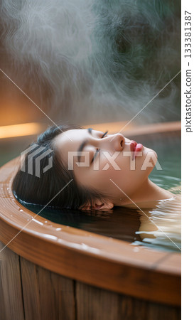 一位年輕女子在溫泉的蒸氣中靜靜地放鬆身心 | 溫泉、木浴池、蒸氣、女子、放鬆 133381387