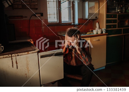 Despaired man sitting by wood stove in aged interior. 133381439