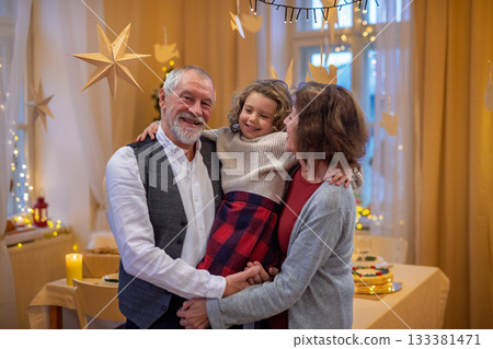 Senior couple with small granddaughter indoors at Christmas. 133381471