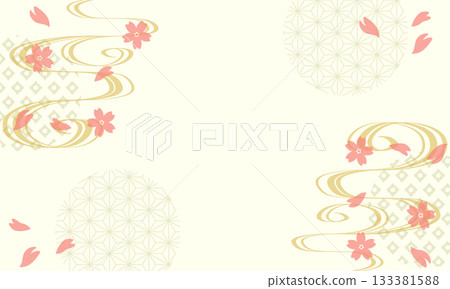 An elegant Japanese-style background frame with cherry blossoms and flowing water patterns 133381588
