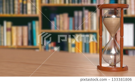 Hourglass on Table in Blurred Library Background 3d render. Hourglass on Table in Blurred Library Background 3d render. 133381806