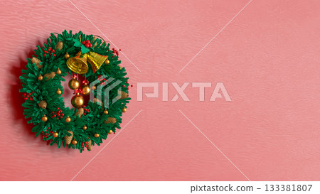 Christmas Wreath with Golden Bells on Red Background 3d render Christmas Wreath with Golden Bells on Red Background 3d render 133381807