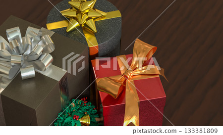 Christmas Gifts and Mini Wreath on Wooden Table 3d render. Christmas Gifts and Mini Wreath on Wooden Table 3d render. 133381809