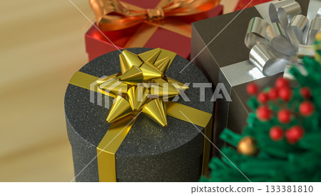 Christmas Gift Box with Golden Ribbon on Festive Table 3d render. Christmas Gift Box with Golden Ribbon on Festive Table 3d render. 133381810