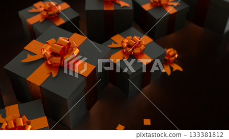 Luxury Black Gift Boxes with Orange Ribbon 3d rendering. 133381812
