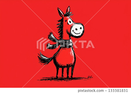 Hand-drawn illustration of a cute horse standing on a red background | A pop art-style design full of humor and individuality Hand-drawn illustration of a cute horse standing on a red background | A pop art-style design full of humor and individuality 133381831