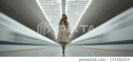 Stylish woman walking through a subway station | A modern image that captures the speed and sophistication of the city Stylish woman walking through a subway station | A modern image that captures the speed and sophistication of the city 133382054