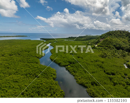 Mangrove river channel winding toward the sea with surrounding green hills. Siargao, Philippines. 133382193