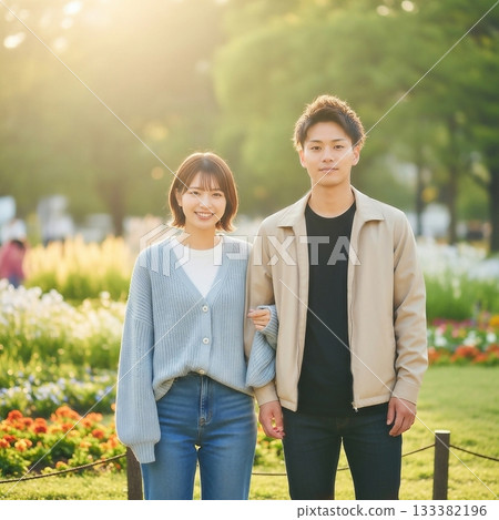 Portrait of a young Japanese man and woman standing side by side in a park 133382196