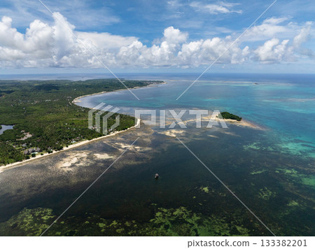 Tropical coastal lagoon with wide shoreline, green vegetation and small island. Siargao, Philippines. 133382201