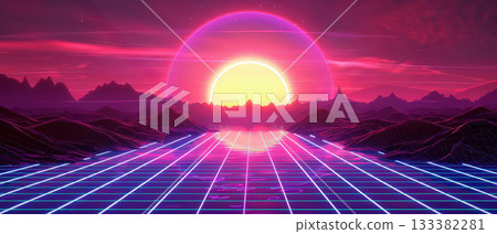 Synthwave neon sunset horizon with grid landscape 133382281