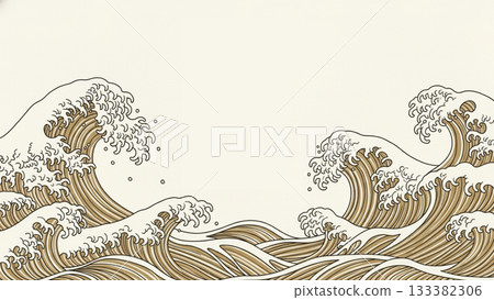 一款優雅寧靜的日式背景設計，白色背景上飾有金色波浪圖案。 133382306
