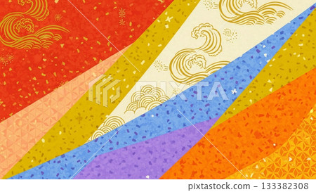 精美的日式紙藝拼貼背景，上面貼著紅色和金色的日式圖案。 133382308