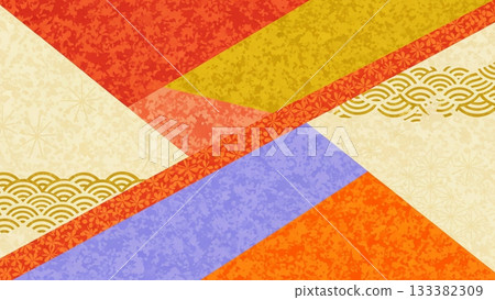 精美的日式紙藝拼貼背景，上面貼著紅色和金色的日式圖案。 133382309