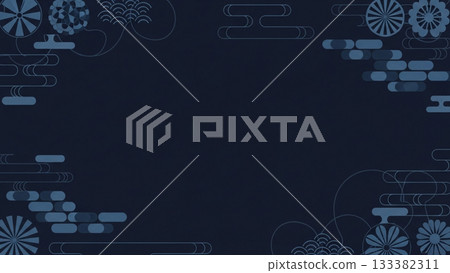 寧靜的日式背景設計，以深藍色為底色，點綴著散落的雲朵和車輪圖案。 133382311