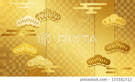 A gorgeous and elegant Japanese background combining golden pine and checkered patterns 133382312