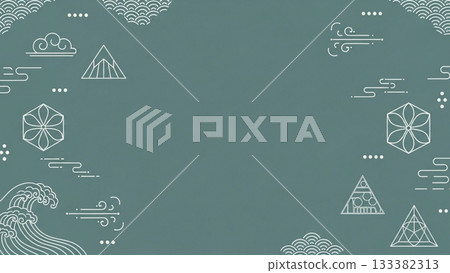 簡潔的日式背景設計，以藍綠色為底色，並以雲、浪、山等日本元素的線條畫。 133382313