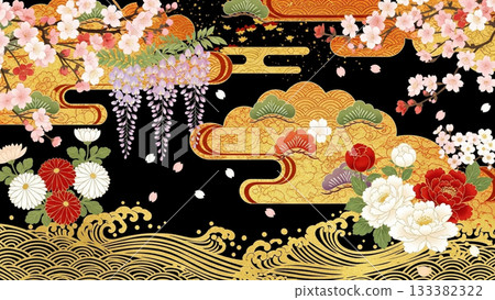 A dignified Japanese-style background design featuring a gorgeous arrangement of gold clouds and flowers such as cherry blossoms, peonies, and wisteria on a black background. A dignified Japanese-style background design featuring a gorgeous arrangement of gold clouds and flowers such as cherry blossoms, peonies, and wisteria on a black background. 133382322