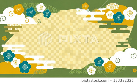 A bright and gentle Japanese background design based on green and yellow, combining plum blossoms and cloud patterns. 133382325