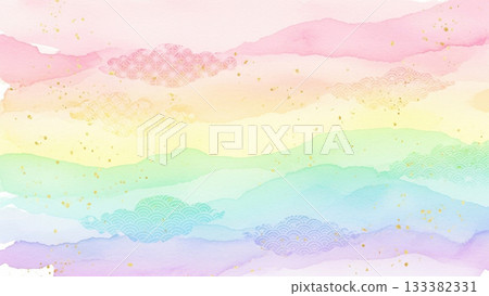 華麗的日式背景，日式圖案與彩虹水彩漸層融為一體。 133382331