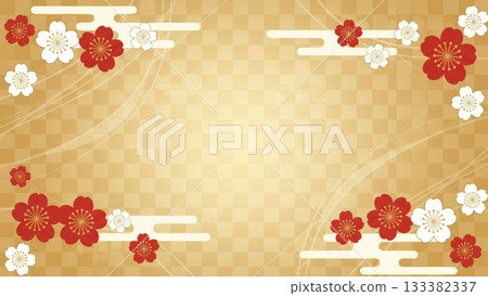 A gorgeous Japanese design featuring plum blossoms dancing against a gold checkered background. 133382337