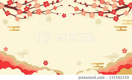 A gorgeous Japanese-style background design with red and pink plum blossom branches. 133382339