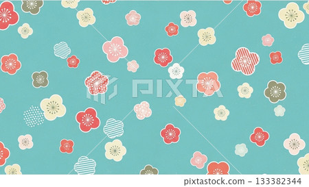 可愛的日式圖案，梅花散落在淺藍色背景上。 133382344