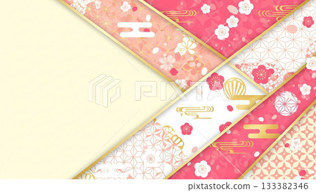 A gorgeous Japanese-style background design with gorgeous pink and gold Japanese pattern parts layered on top of each other. 133382346